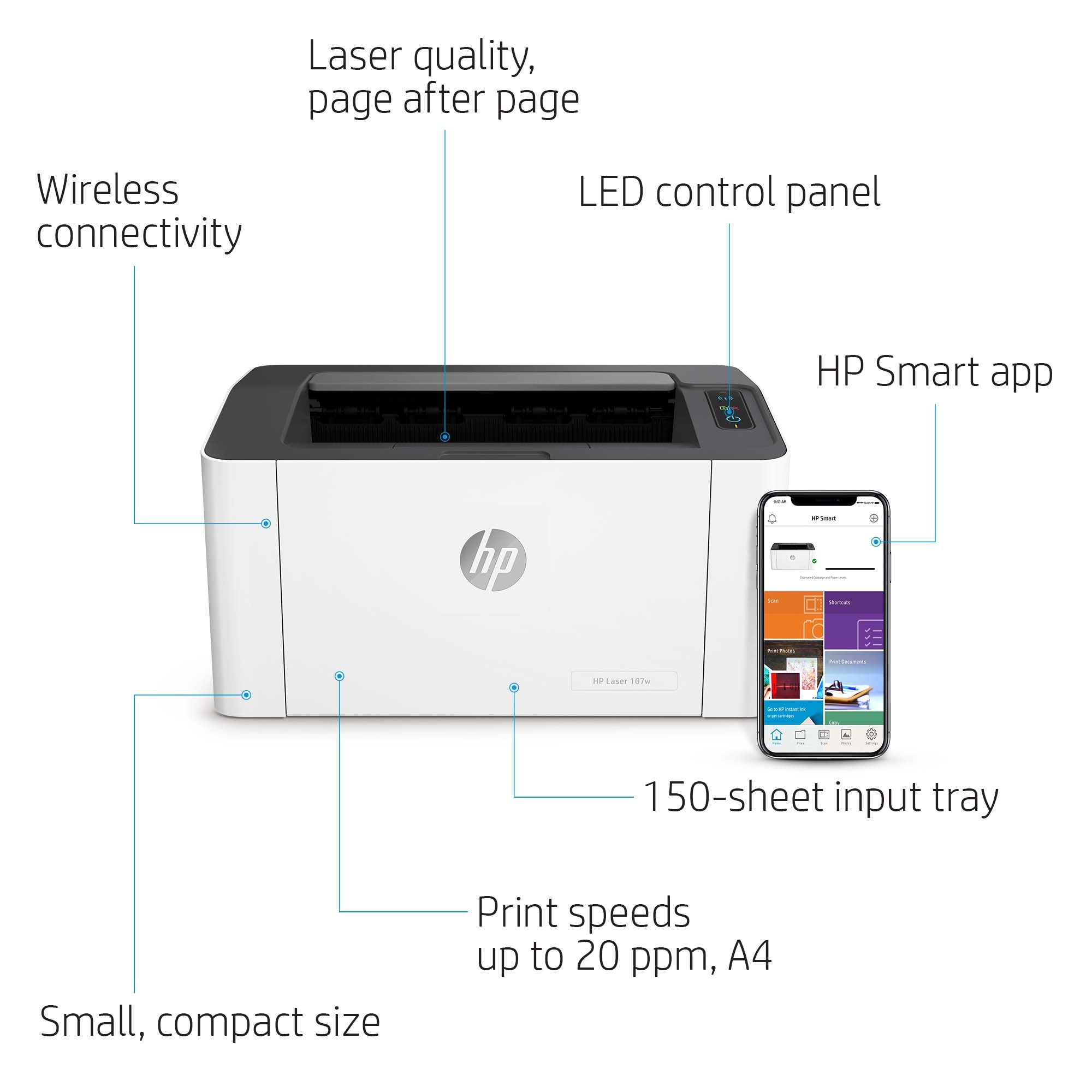 HP Laser 107w Sans fil Noir et blanc Imprimante, Recto verso 209U7A#B19