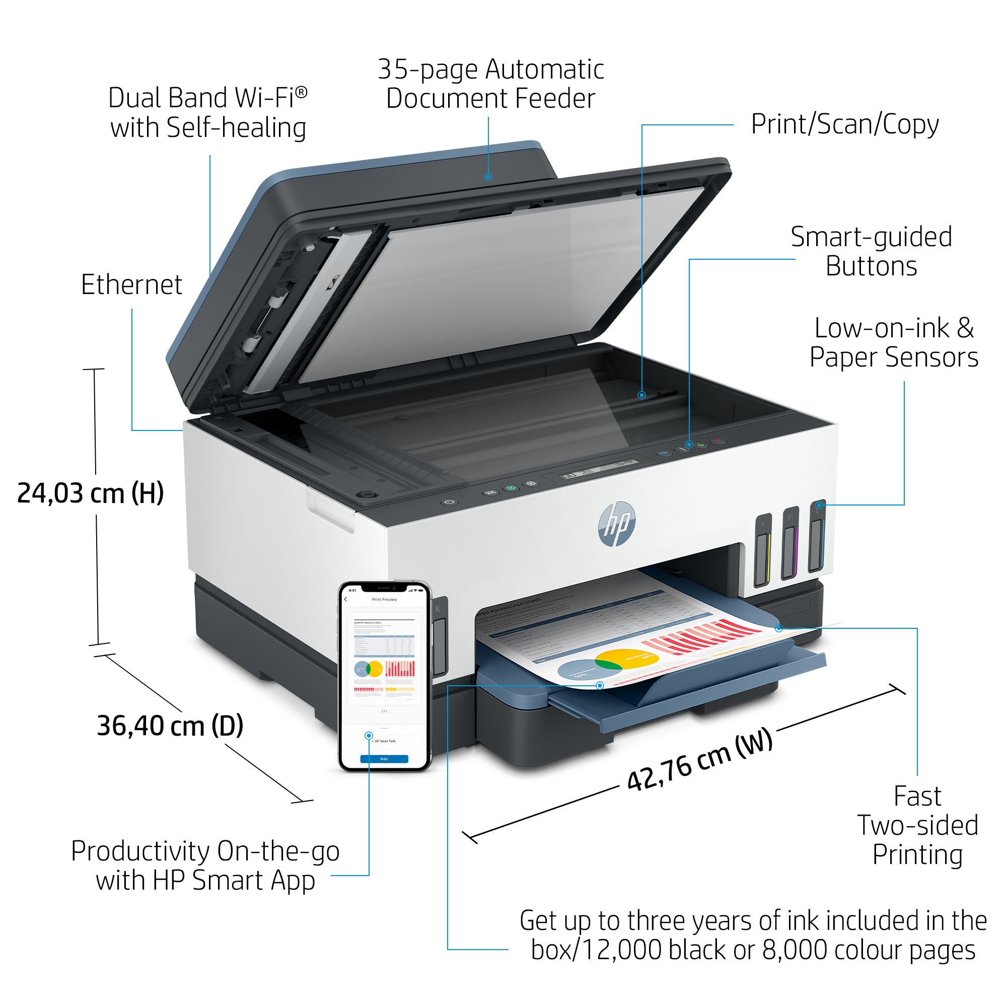 HP Smart Tank 7306 Draadloos All-in-One Kleur Printer, Dubbelzijdig printen; Kopieerapparaat, Scanner 28B76A