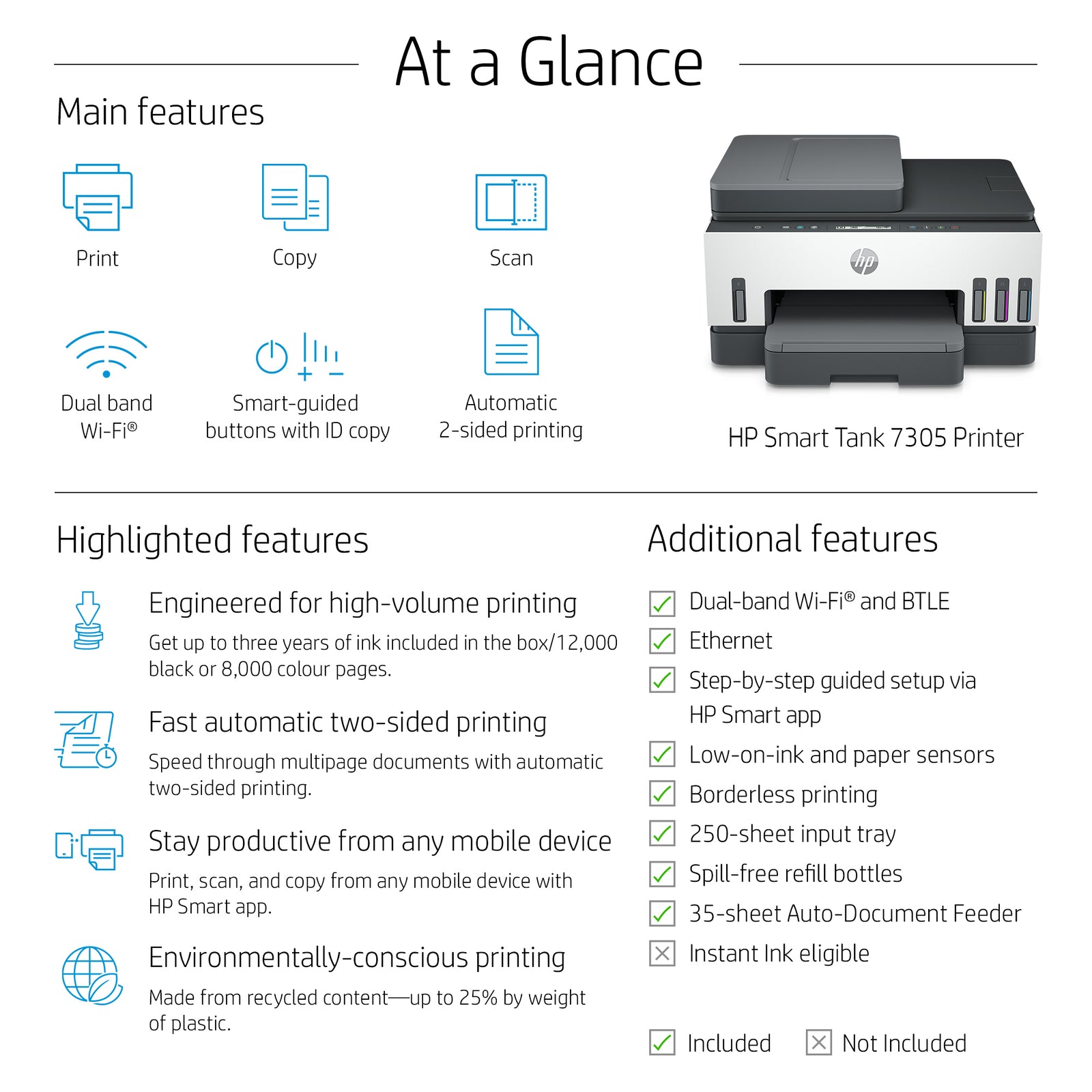 HP Smart Tank 7305 All-in-One Printer met draadloze connectiviteit