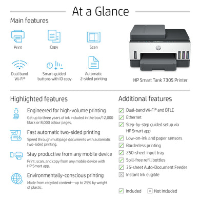 HP Smart Tank 7305 All-in-One Printer met draadloze connectiviteit