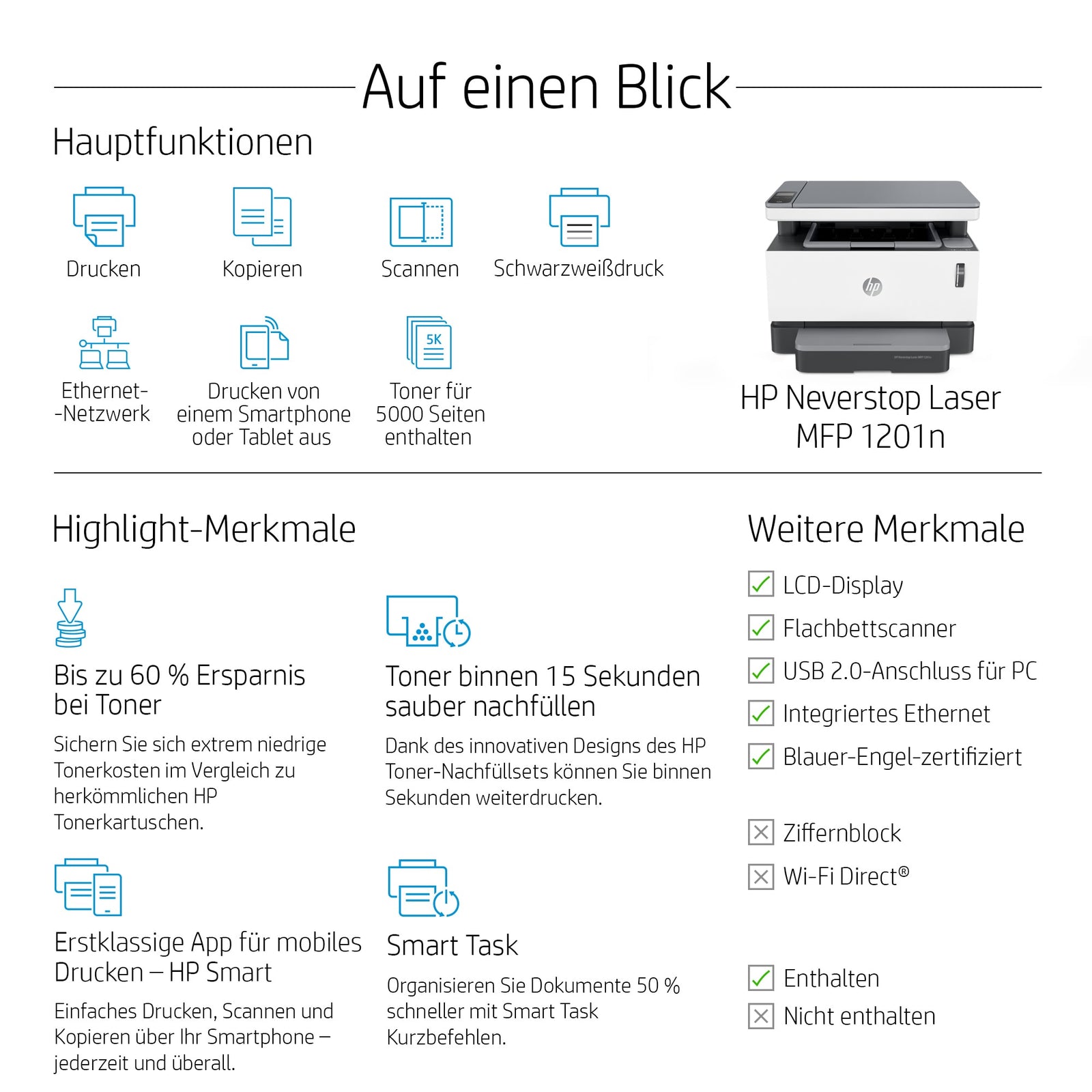 HP Neverstop Laser MFP 1201n, Zwart - wit, Printer voor Bedrijf, Printen, kopiëren, scannen, Scans naar pdf 5HG89AB19 - Compridis