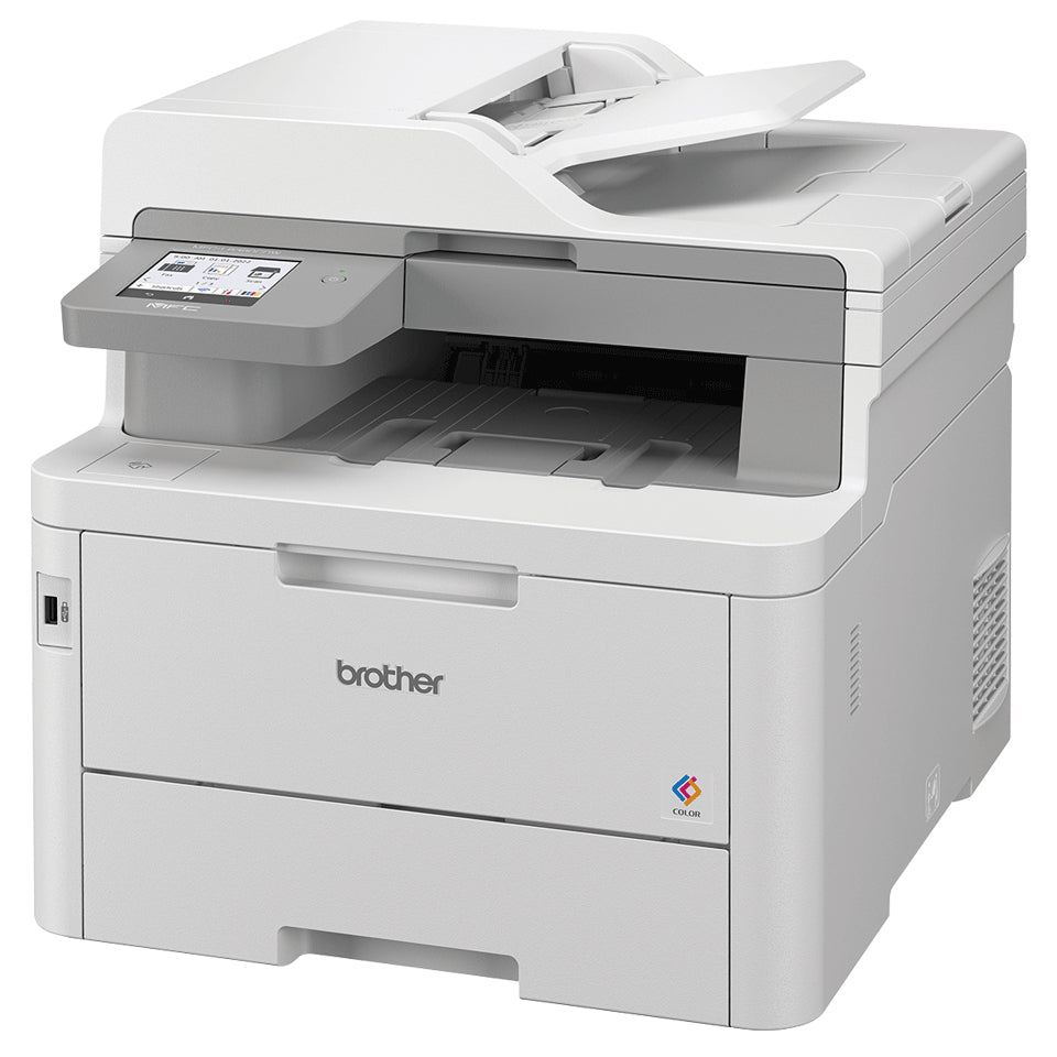 Zakelijke A4 all-in-one kleurenledprinter met dubbelzijdig printen en scannen, hoge capaciteit tonercartridges en flexibele papierverwerking.