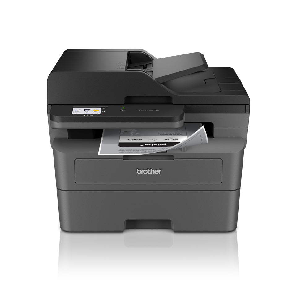 Compacte A4 all-in-one zwart-witlaserprinter met dubbelzijdig printen en draadloze netwerkverbinding voor het snel en veilig afdrukken van documenten tot 34 pagina’s per minuut.