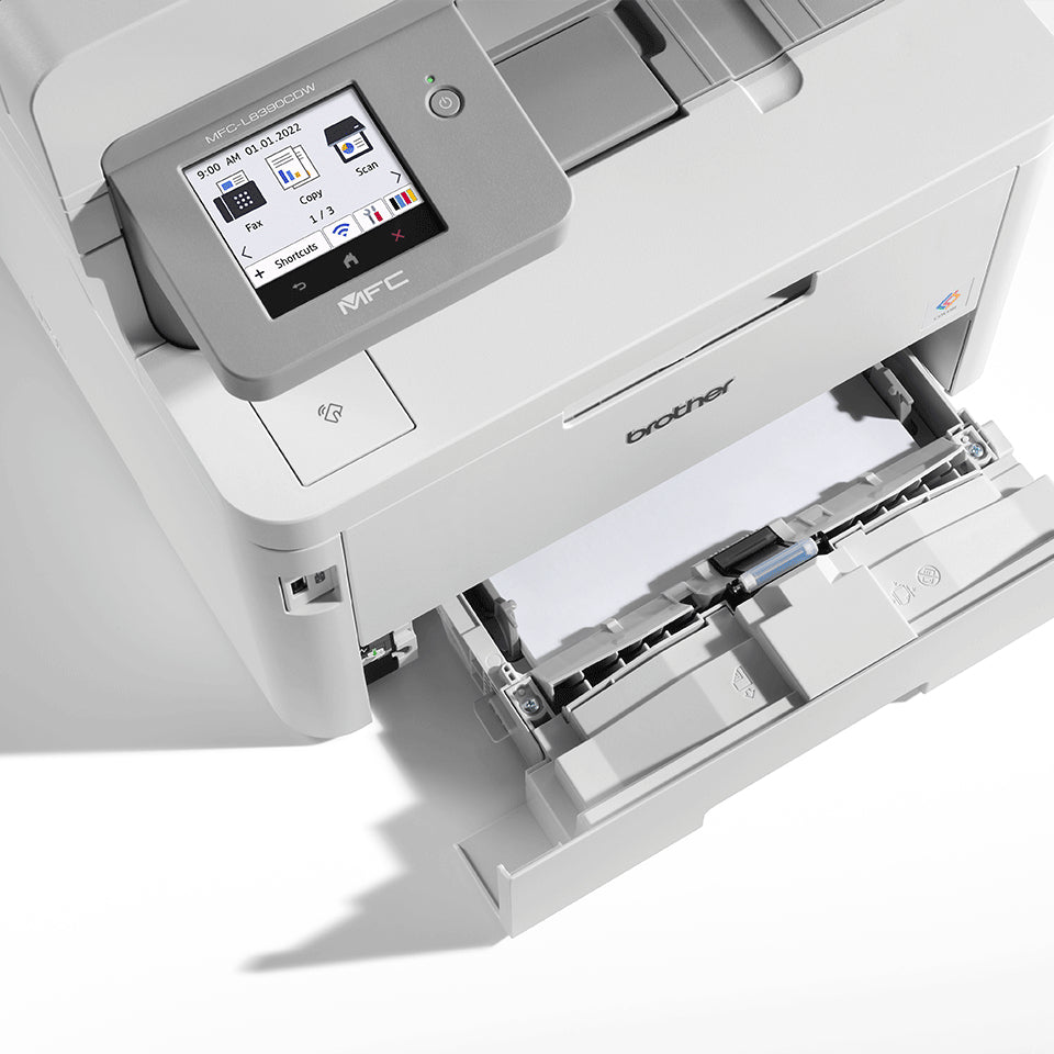 Zakelijke A4 all-in-one kleurenledprinter met dubbelzijdig printen en scannen, hoge capaciteit tonercartridges en flexibele papierverwerking.