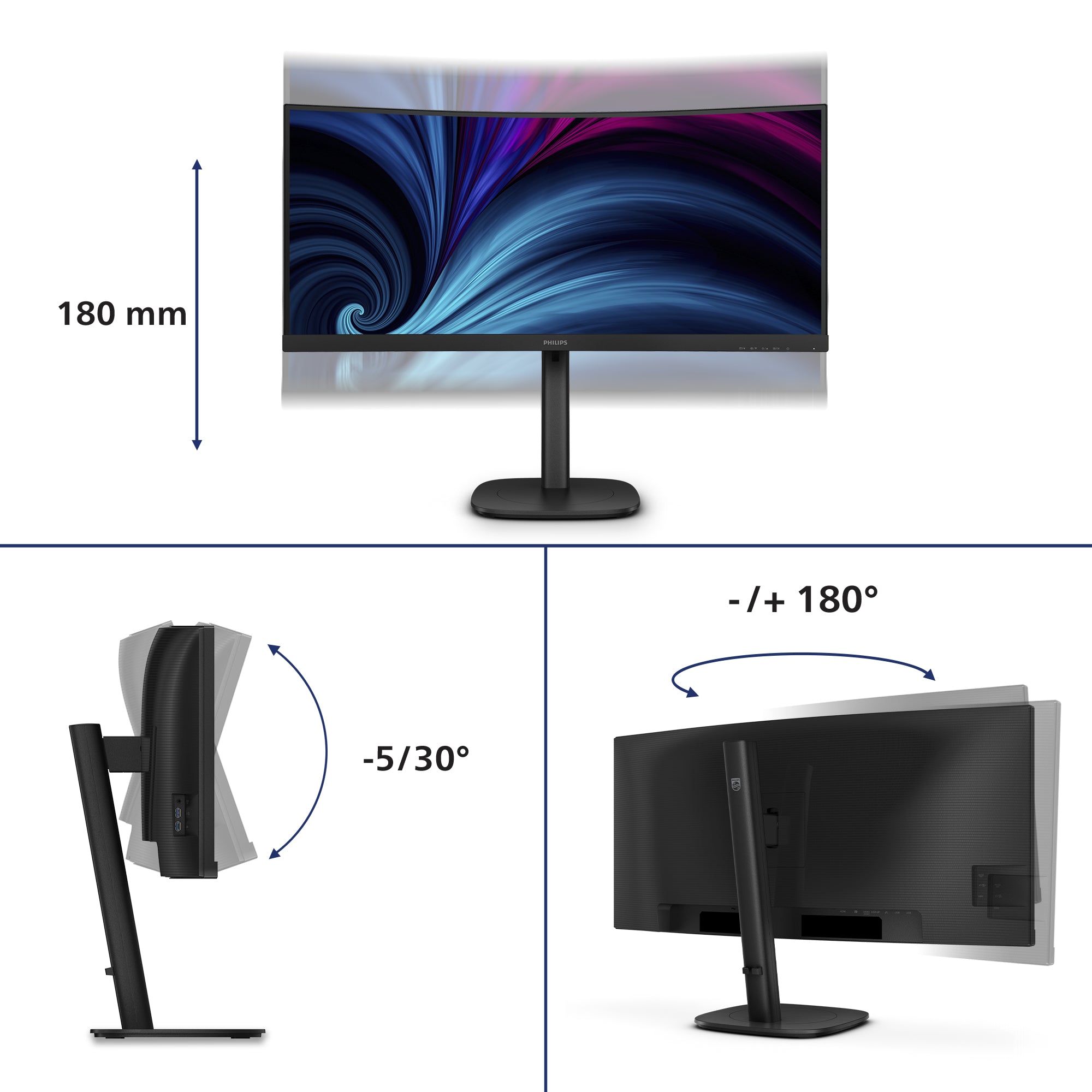Philips 3000 series 34B2U3600C/00 computer monitor 86,4 cm (34") 3440 x 1440 Pixels Wide Quad HD LCD Zwart 34B2U3600C/00