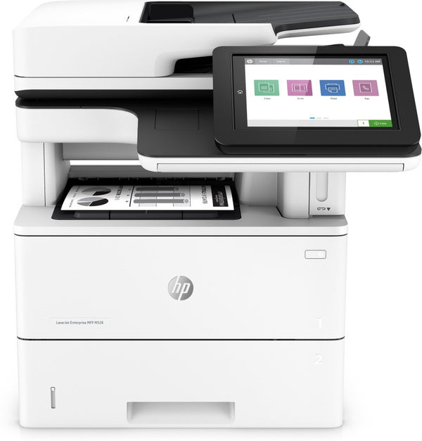 HP LaserJet Enterprise MFP M528f, noir et blanc, imprimante pour imprimer, copier, numériser, télécopier, imprimer via le port USB avant ; Numériser vers un courrier électronique ; Impression recto verso ; Numérisation recto verso
