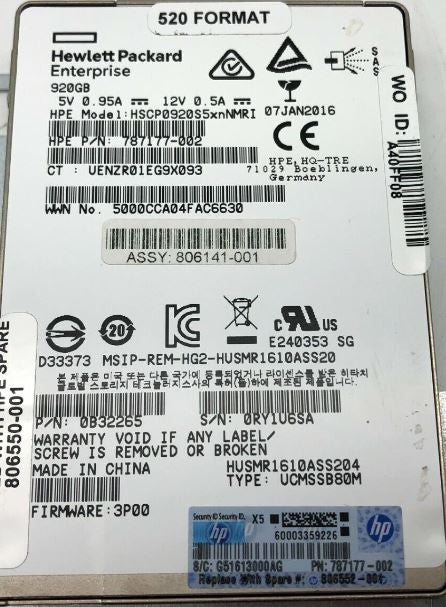 Disque SSD HPE 920 Go MLC SAS 6 Gb/s 2,5" STRV10000 806550-001 